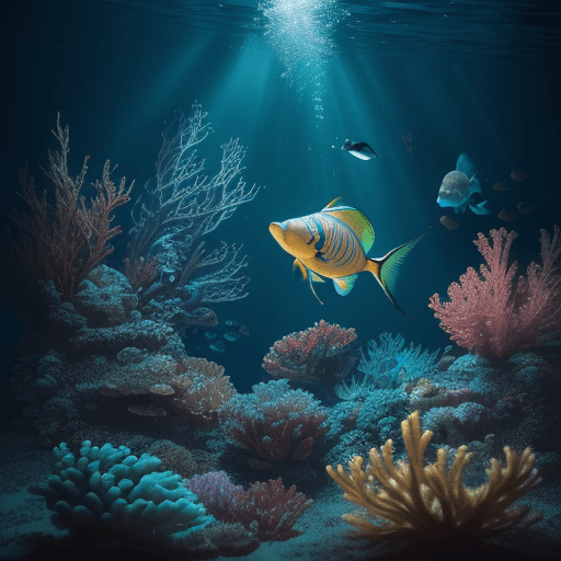 AI generated: (diving underwater scenery:1.3), diving equipment, luminous fish, Fish glowing in red and blue, hype...