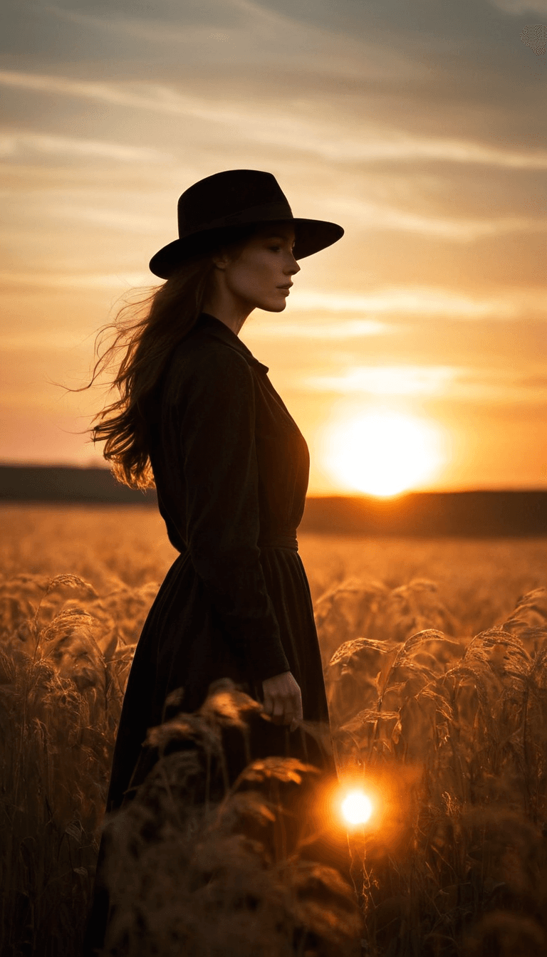 AI generated: A fashion editorial, silhouette of long haired woman in black hat standing in a field at sunset, hig...