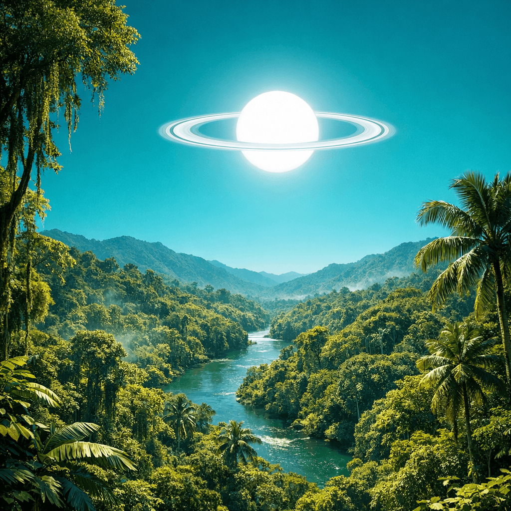 AI generated: a scenic landscape of a lush rainforest but the sky has a more teal color with no clouds and the sun...
