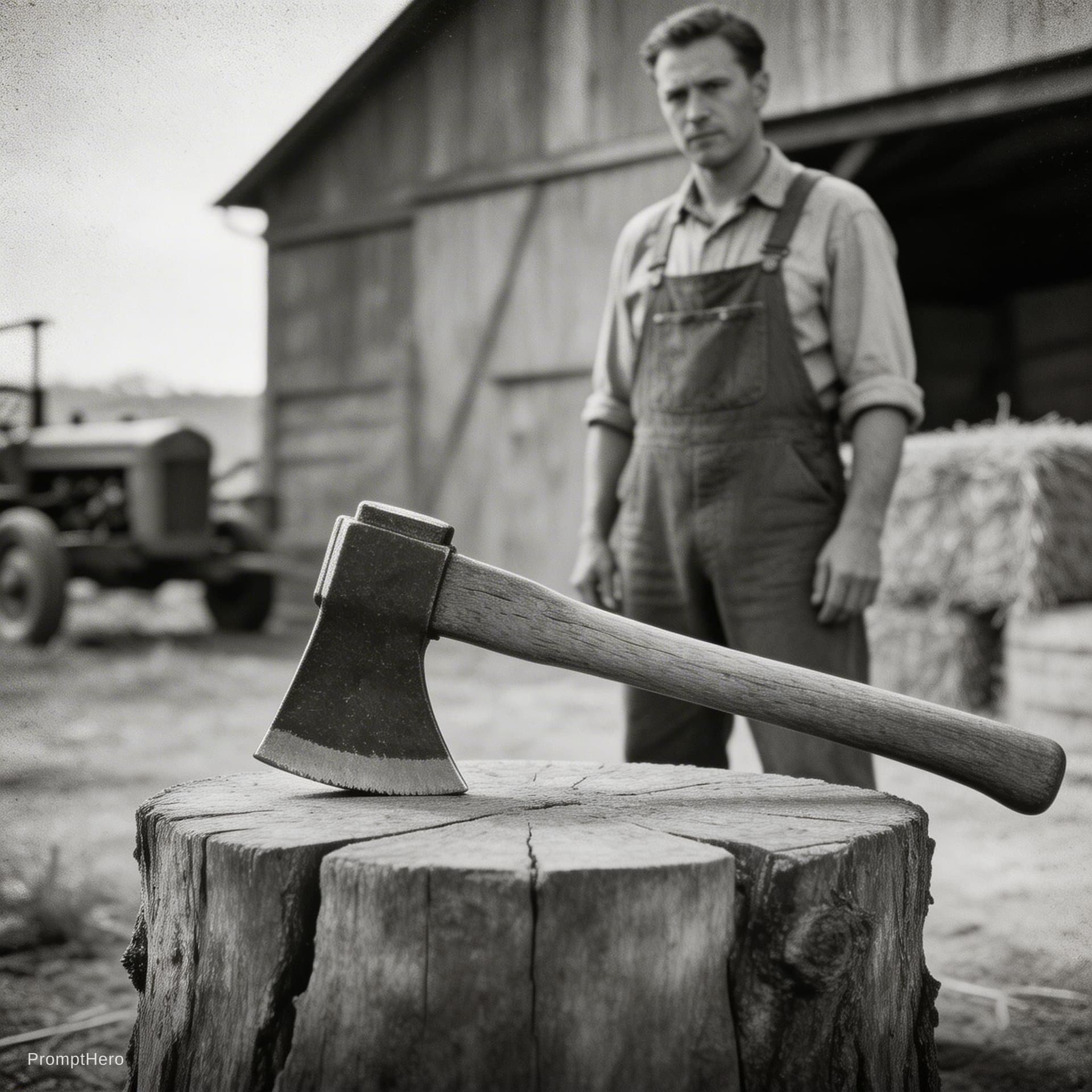 AI generated: Vintage black-and-white footage of a 1940s farm. Cut to a man in overalls. Fast zoom on a sharp axe ...
