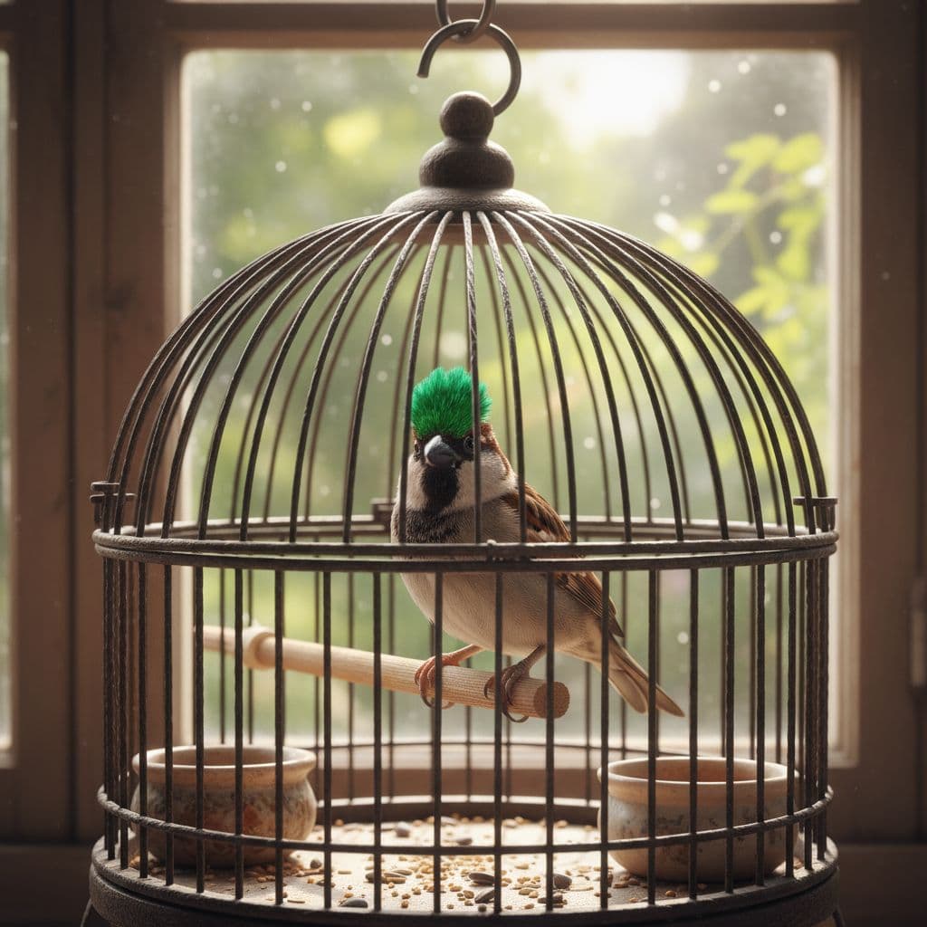 AI generated: haz que el pajaro tenga una cresta verde que se un gorrión en una jaula 