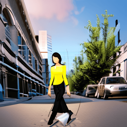 AI generated: The image features a  woman wearing a black shirt and black pants, walking down a street while carry...