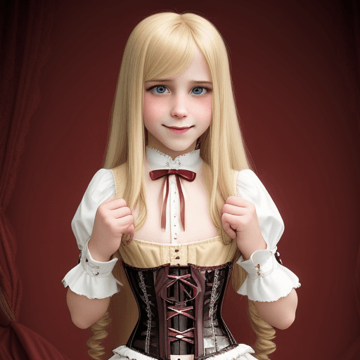 AI generated: blond long haired sissy boy tightly laced into a corset and period dress biting her lip in uncertain...