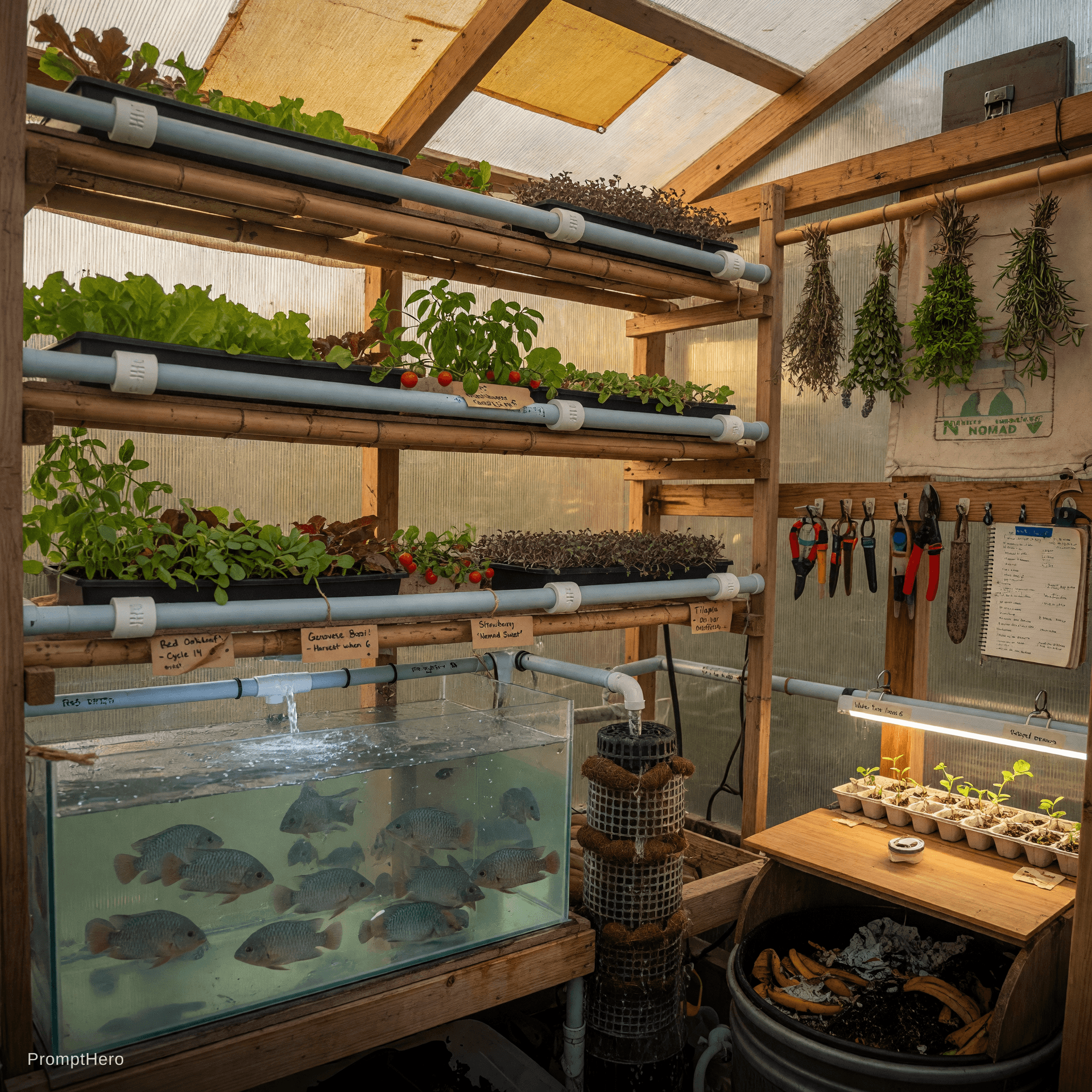 AI generated: Warm and detailed interior close-up of the self-sufficient Aquaponics Greenhouse on Projekt Nomad De...