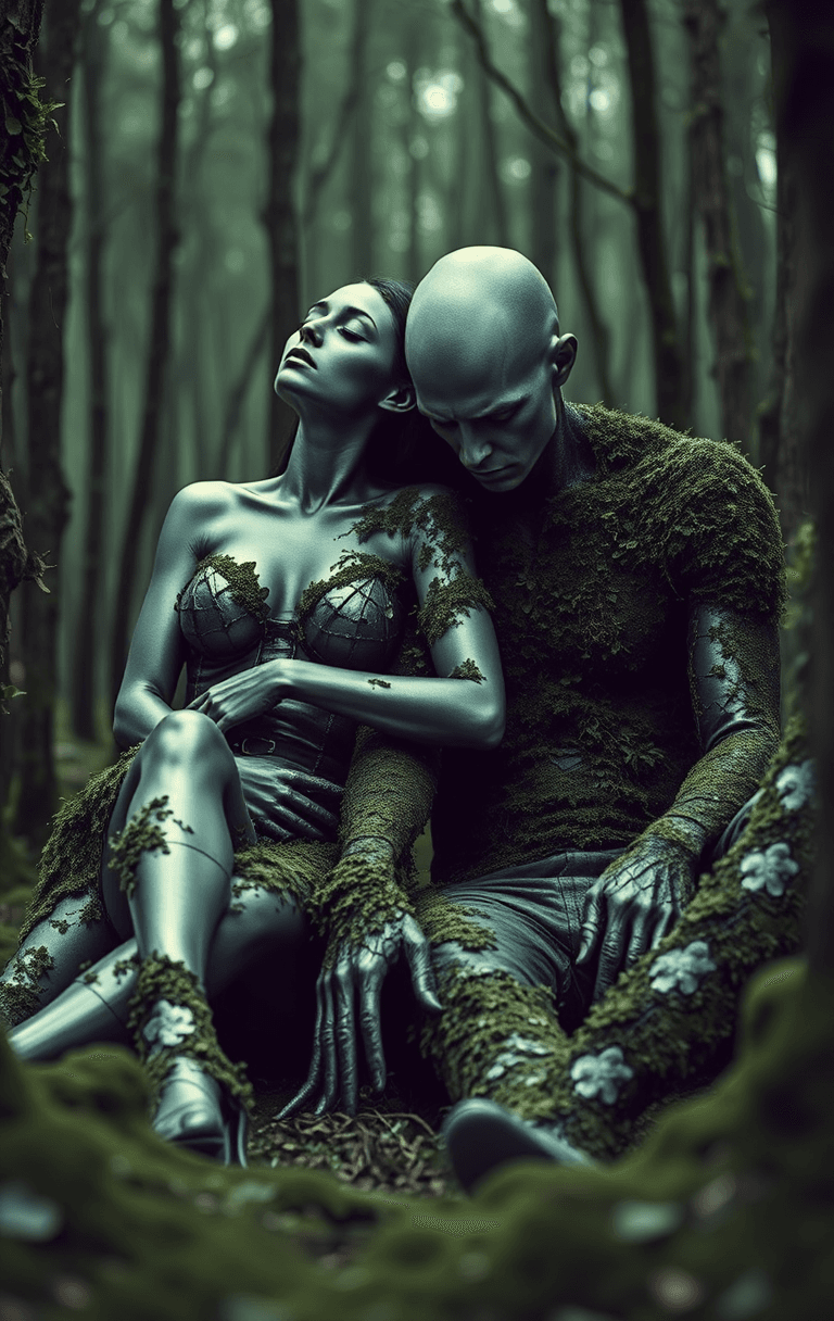 AI generated: Till death do us apart. Two metallic-skinned figures, covered in moss, sit close together in a fores...