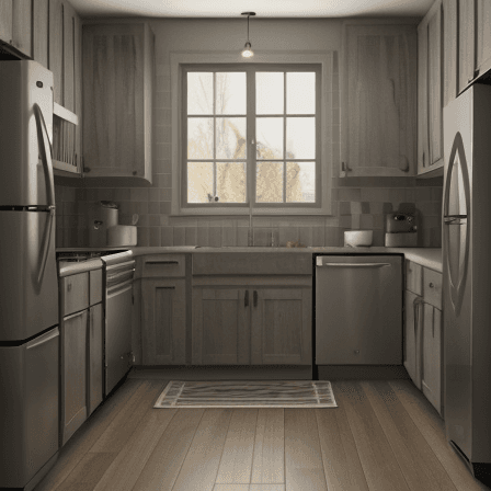 AI generated: interior design,kitchen,L shaped kitchen,wooden floor,smokey grey and taupe colors,taupe walls,sink ...