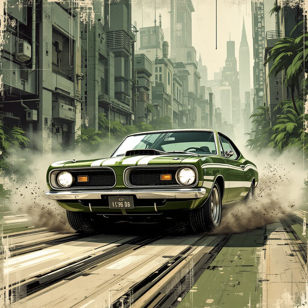 AI generated: 1968 Fastback Plymouth Barracuda in British Racing Green with white racing stripes on the BOTTOM of ...