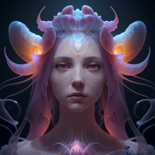 AI generated: Goddess close-up portrait ribcagel. jellyfish phoenix head, nautilus, orchid, skull, betta fish, bio...