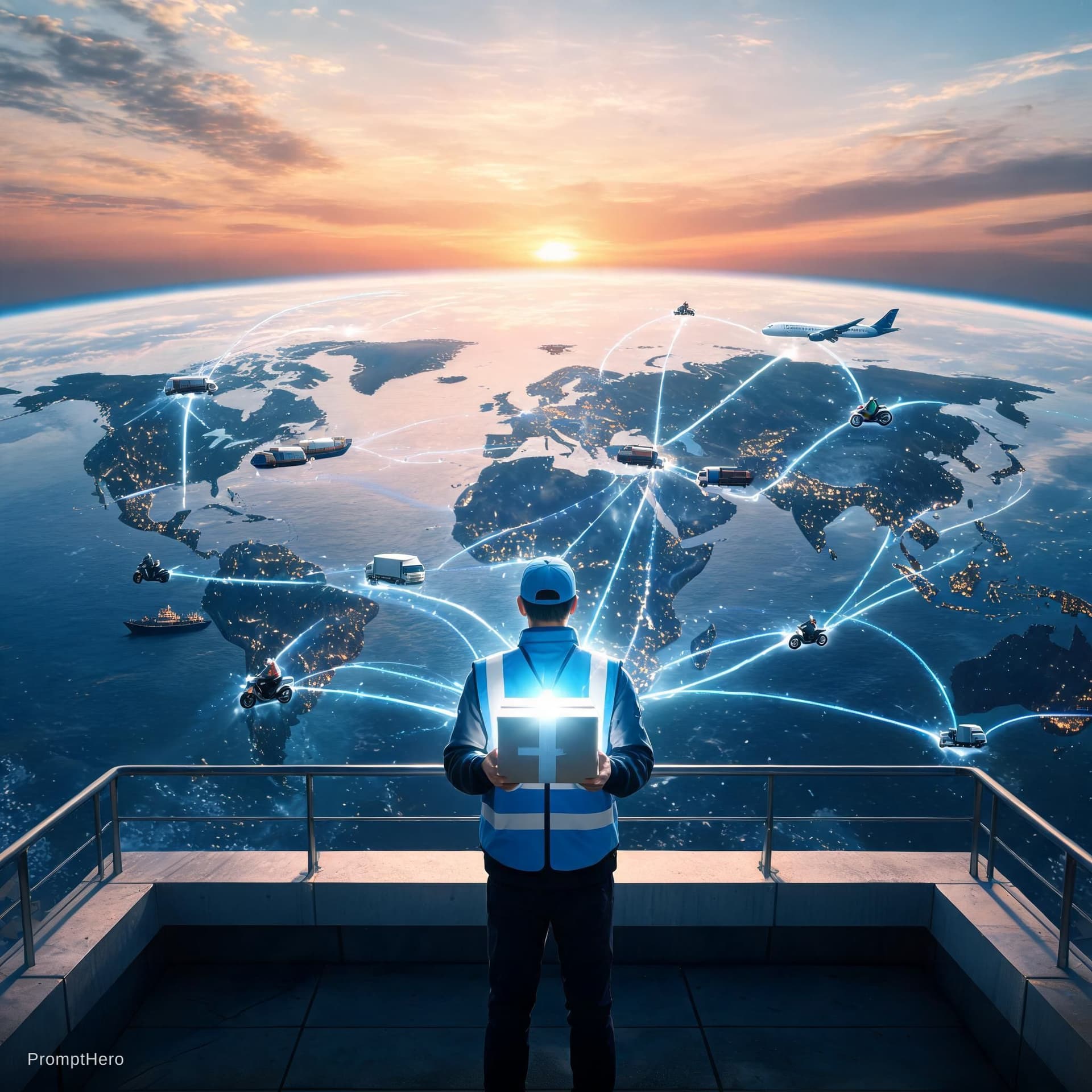AI generated: "Ultra-realistic cinematic scene representing global logistics and delivery, a central figure (deliv...