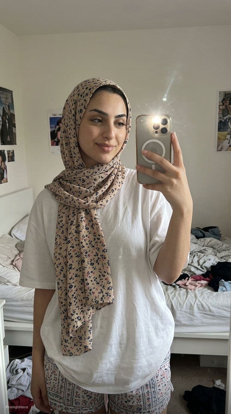 AI generated: A candid mirror selfie of a young Turkish woman, 20-22 years old, modest hijab style, beautiful smal...