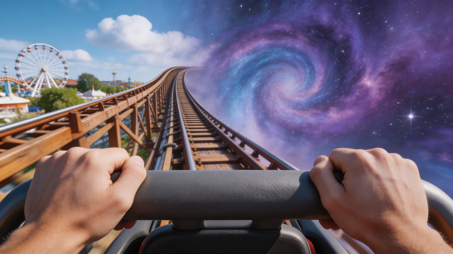 AI generated: Pure first-person (POV) shot from a rollercoaster seat, looking forward down a steep drop. In the ex...