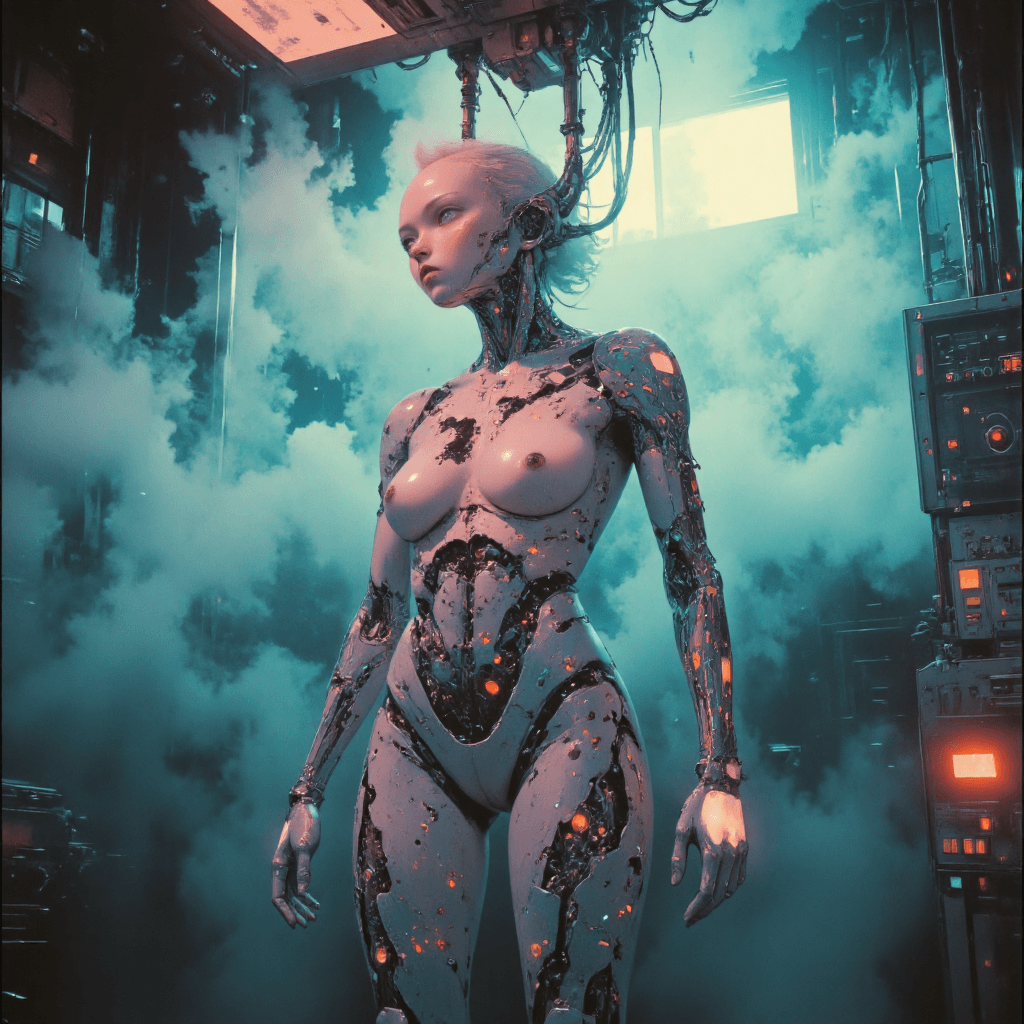 AI generated: Full body photograph of a (beautiful:1.2) (female:1.2) cyborg, in a  (retrofuturism:1.3) science lab...