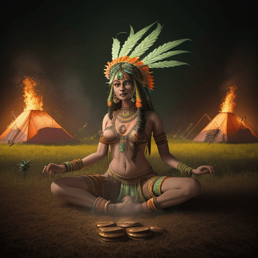 AI generated: High-resolution photograph of a psychedelic scene, indian dancing with a cannabis headdress, cannabi...