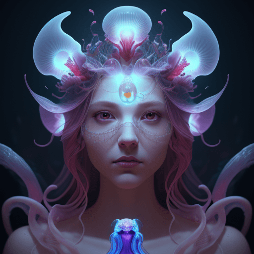 AI generated: Goddess close-up portrait ribcagel. jellyfish phoenix head, nautilus, orchid, skull, betta fish, bio...