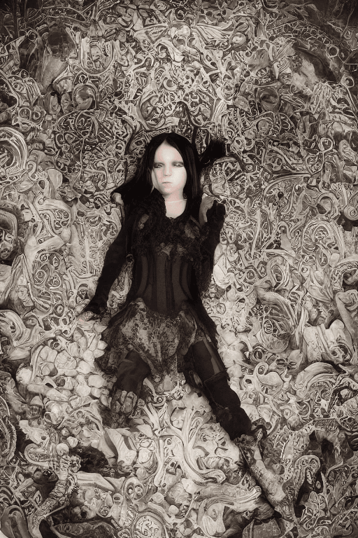 AI generated: photorealistic, ultra highly intricate detailed, professional photo, goth girl, (full-body), (Crouch...