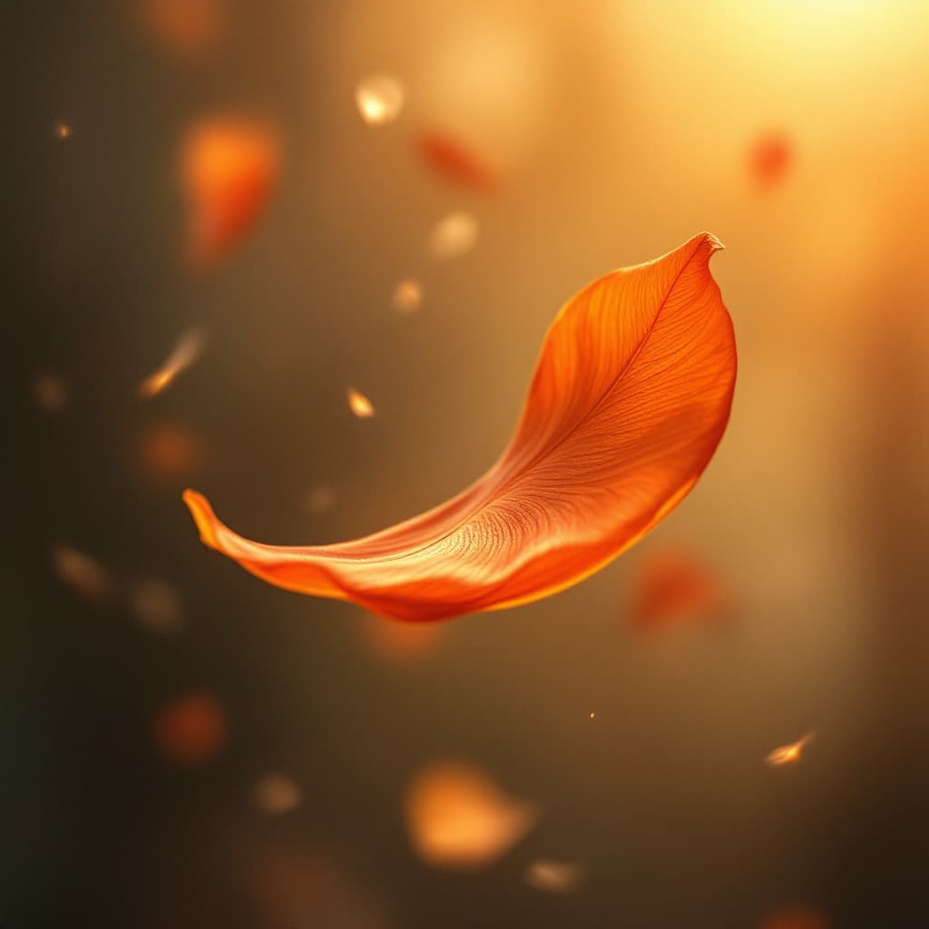 AI generated: A single flamboyant tree petal falling with perfect linearity, twirling gently in the wind like an e...