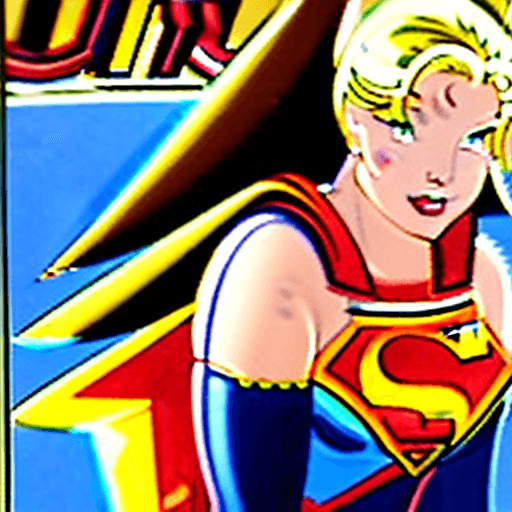 AI generated: Supergirl, whose golden blond angelic look and  long, sleek, straight, rim-lit hairstyle evoking a 1...