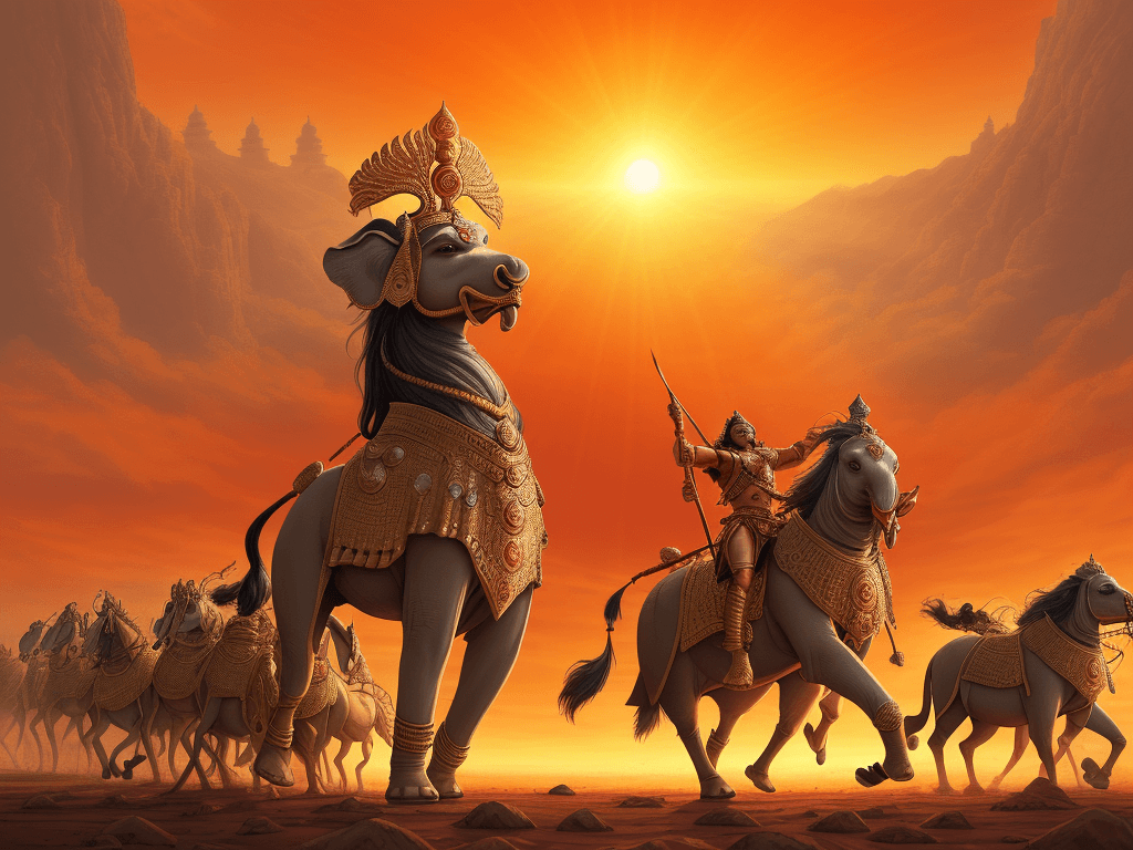 AI generated: An illustration of the Mahabharat epic: a grand scene of the Kurukshetra War, with armies of the Pan...