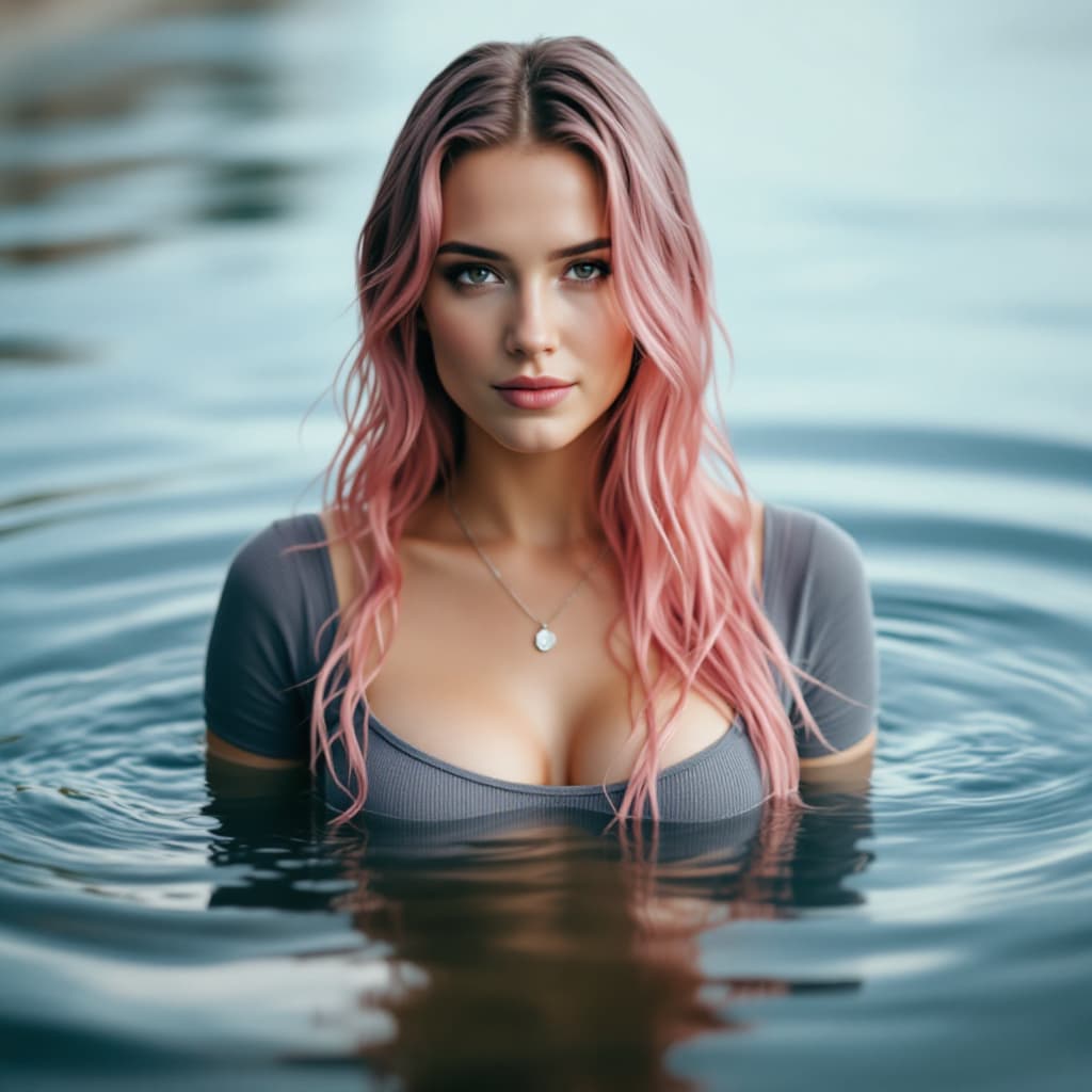 AI generated: The image features a person in a body of water, with wet hair cascading down. They are wearing a fit...