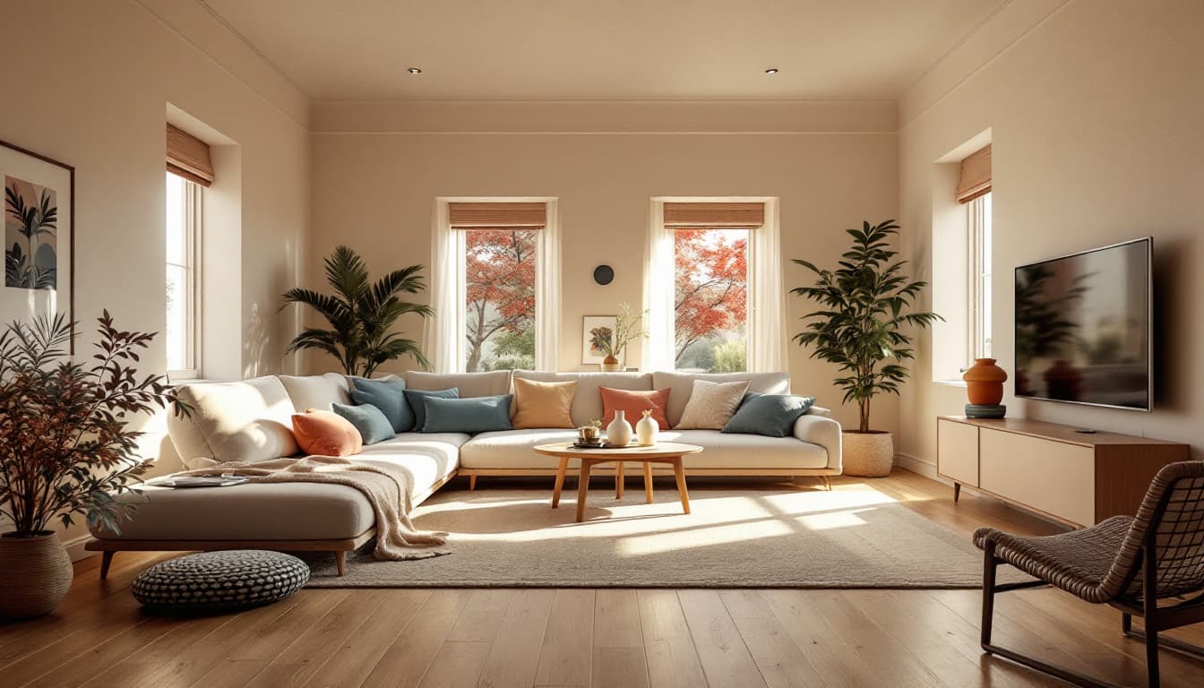 AI generated: High resolution photography interior design, dreamy sunken living room conversation pit, wooden floo...
