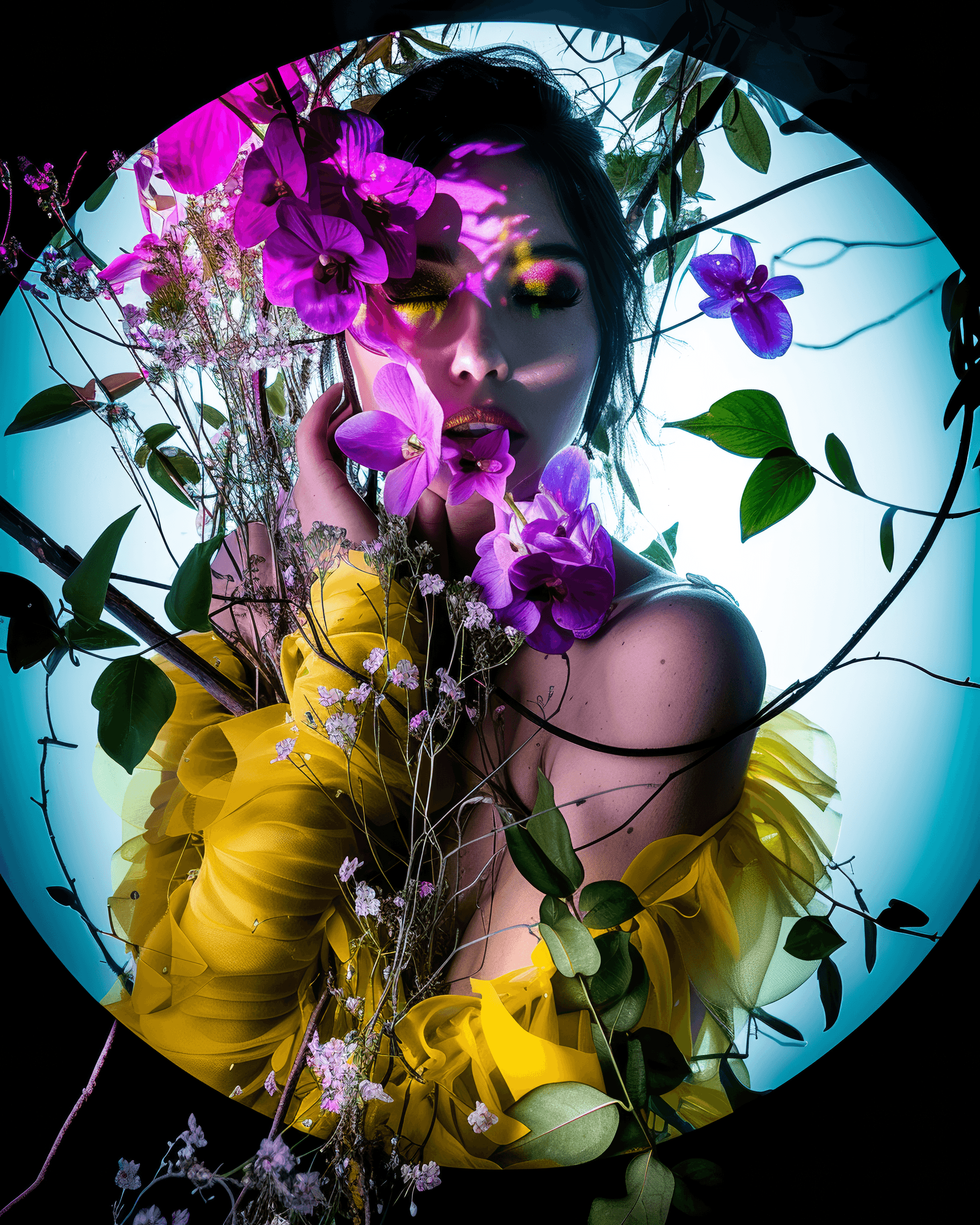 AI generated: a gorgeous Caucasian woman emerging out of the forest, trailing flowers and branches in twined aroun...