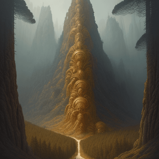 AI generated: surreal fantasy landscape, ultra high detail italian landscape, pine forest, elaborate artwork, pain...