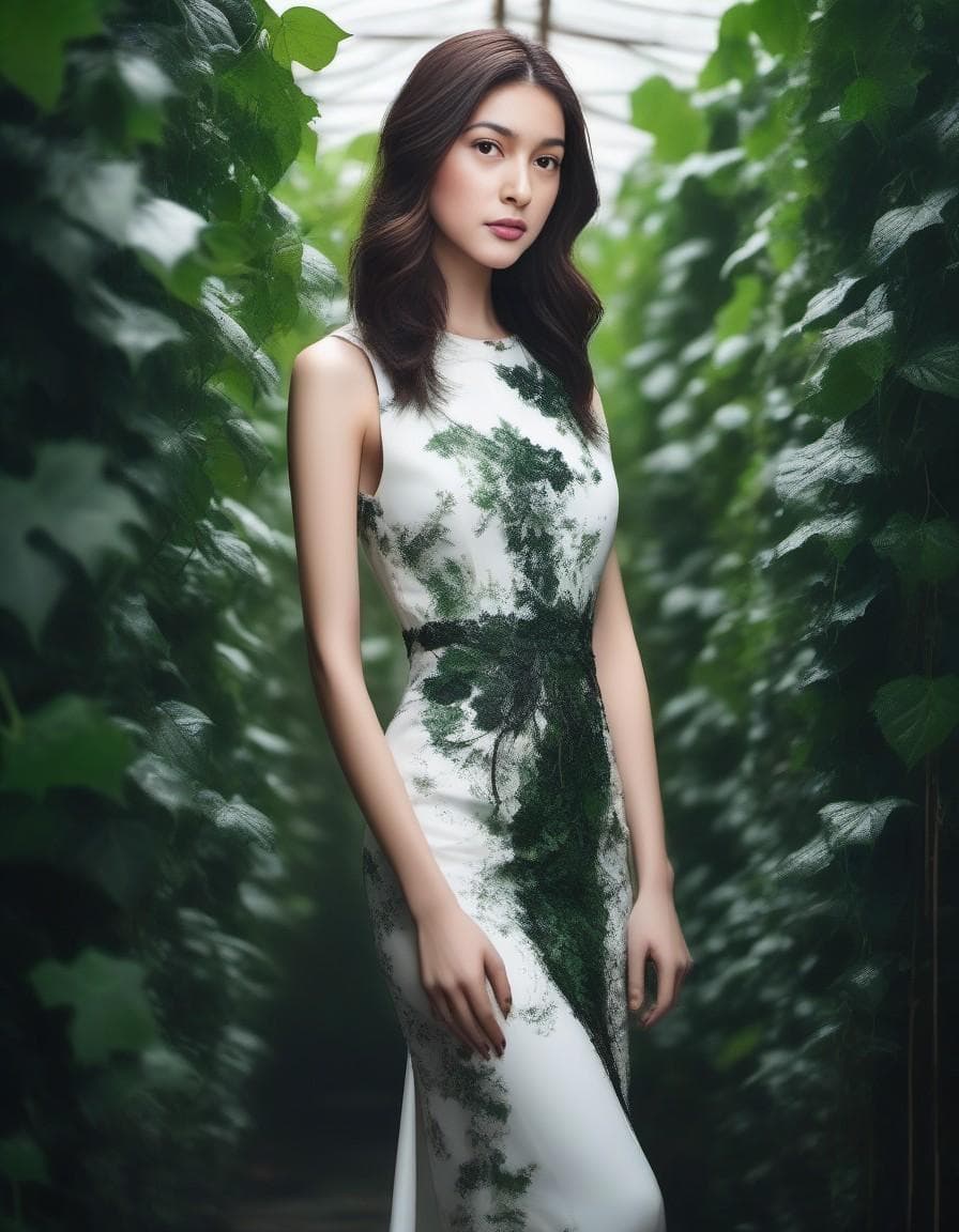 AI generated: Girl in high-cut dress, black veins, dripping oil, predatory plants, ivy, girl's face, gloomy, red s...