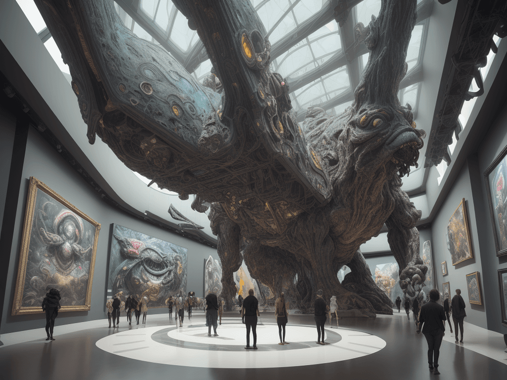 AI generated: Imagine a dynamic perspective inside a lively, futuristic museum that exhibits a collection of stran...