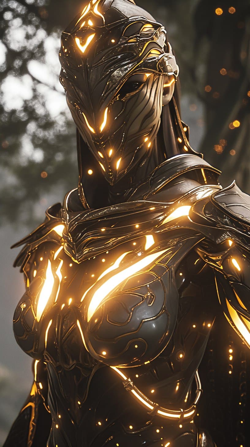 AI generated: a close up of a person on a horse, of a beautiful saryn warframe, dressed in light armor, gold light...