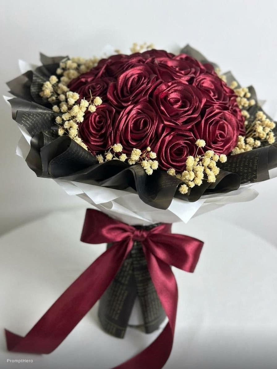 AI generated: Close-up shot of a beautiful bouquet of deep red satin roses artfully arranged with delicate sprigs ...