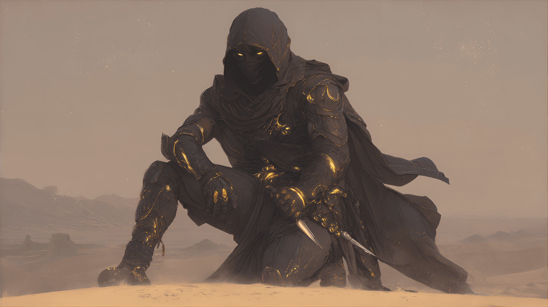 AI generated: desert shadow assassin, low angle view, character concept, portrait, sleek black outfit, gold chain ...