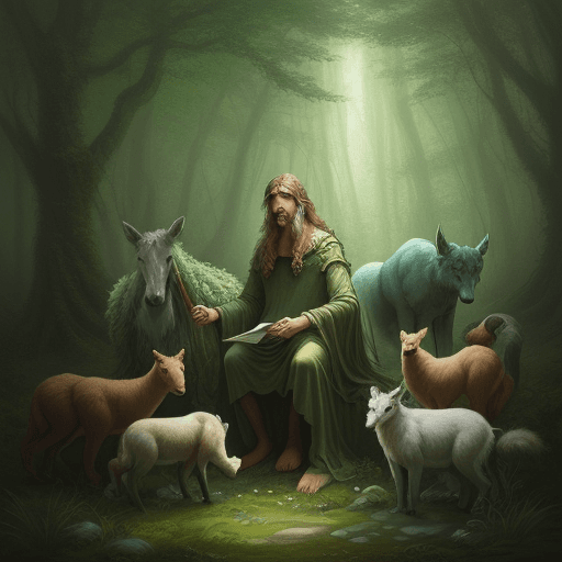 AI generated: A druid communing with nature and animals in a serene forest . Fantasy concept , Illustration painti...