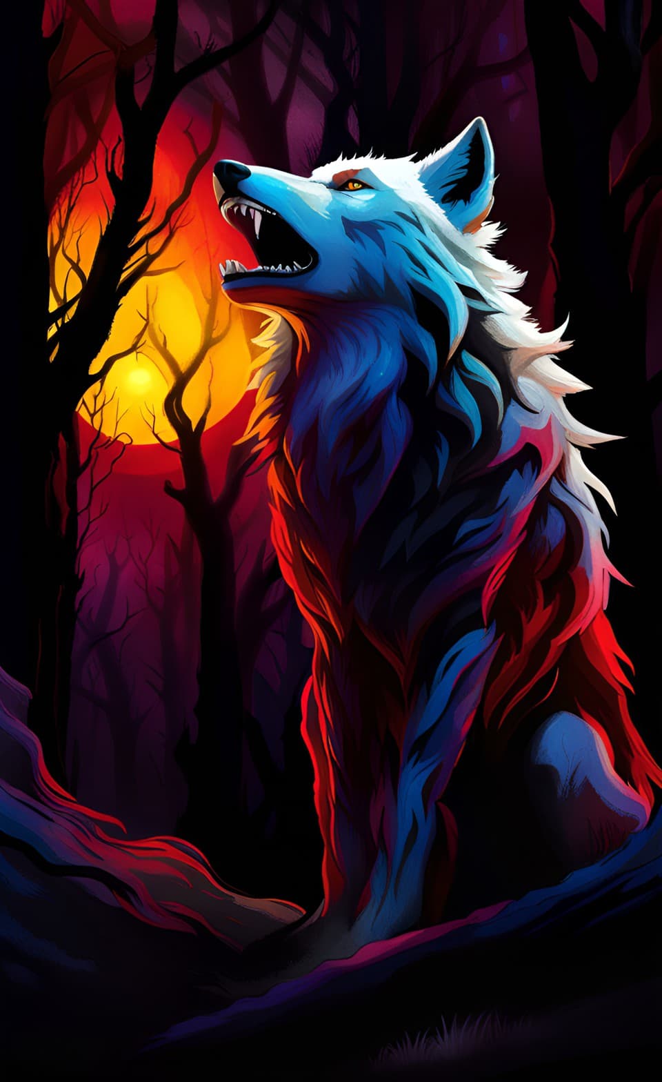 AI generated: white wolf howling in forest, glowing yellow eyes, rough fur, twilight, fullmoon, red and black colo...