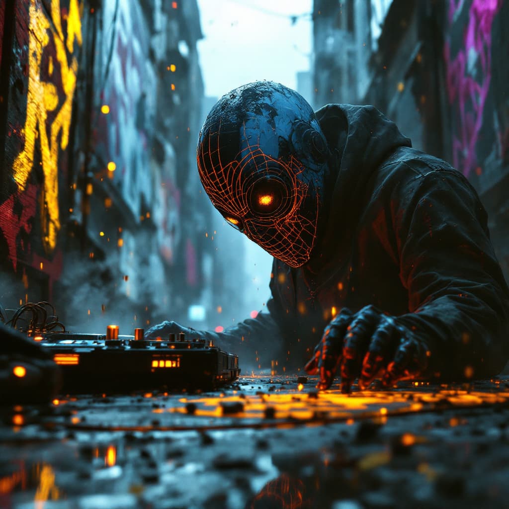 AI generated: Photo of a Grafitti type dj , dramatic light, city imagery, cinematic lighting, battered, low angle,...