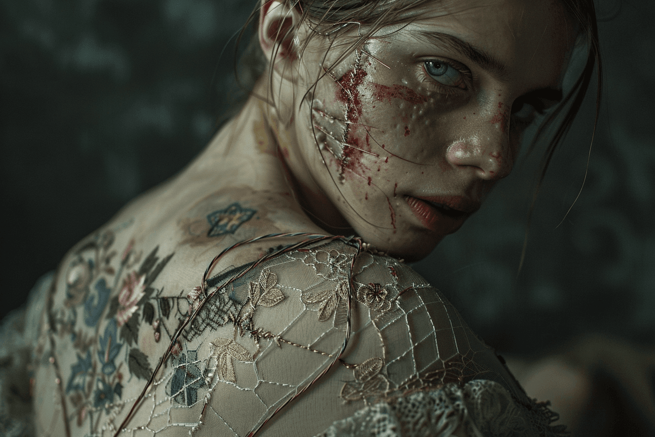 AI generated: the whole face and shoulders are pierced with painful threads in the style of Ukrainian embroidery, ...