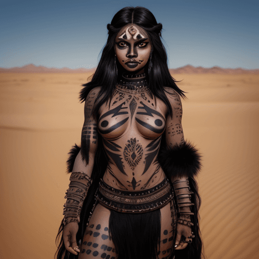 AI generated: a warrior princess in a desert, with black face paint, dark black long hair, brown big eyes, outfit ...