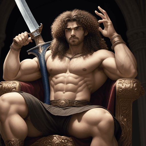 AI generated: A king sitting on a throne, curly hairs, muscular, serious expression, holding a giant greatsword on...