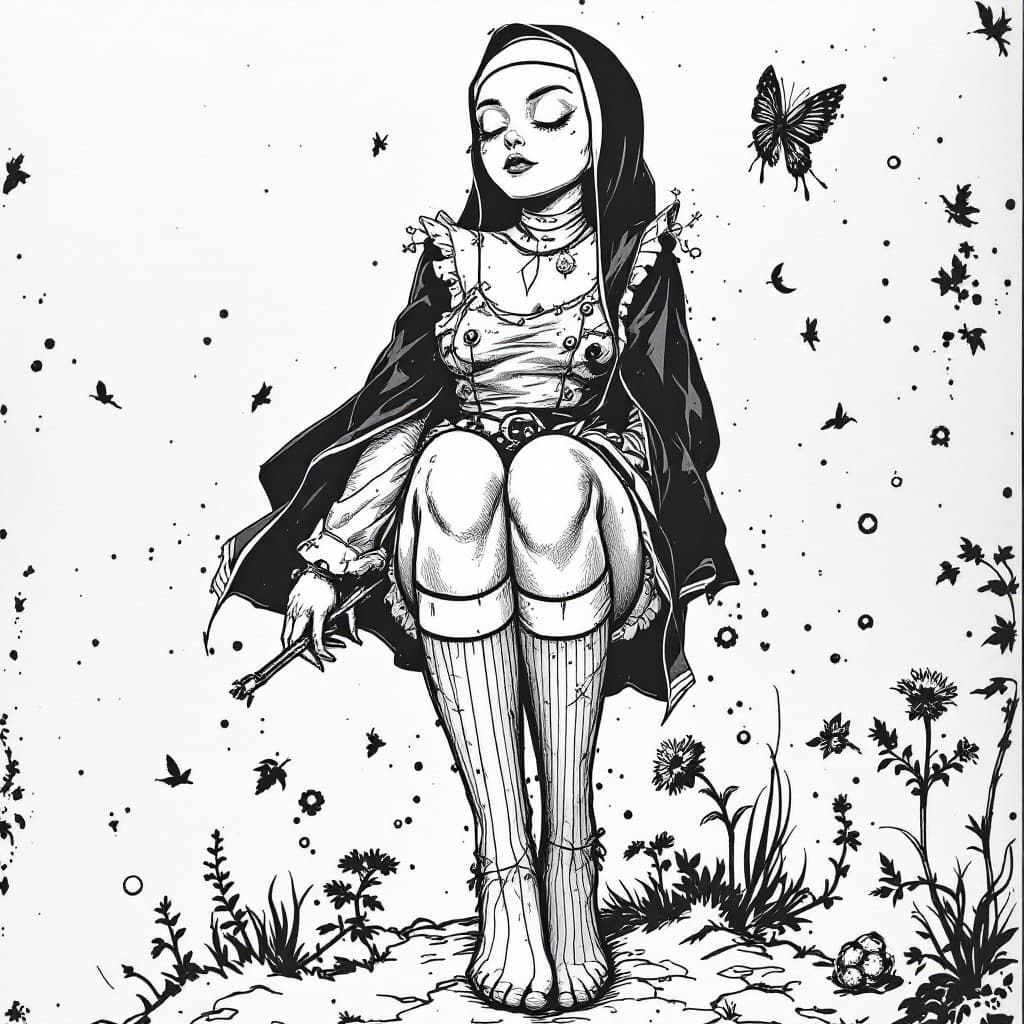 AI generated: An image of the babe nun with knee high socks on a white chalkboard, in the style of tattoo inspired...