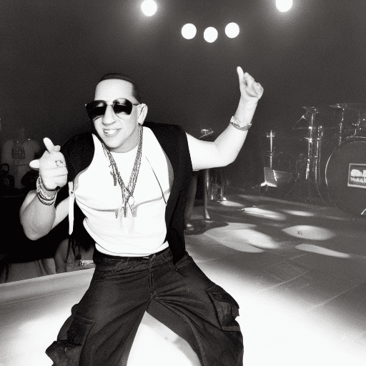 AI generated: head of the singer daddy yankee on a dance floor, in front of a 1980's stage with lights on the side...
