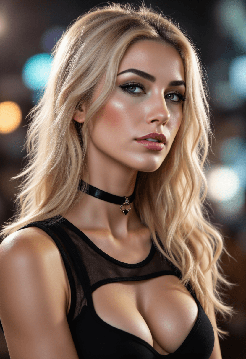 AI generated: A woman with long blonde hair and striking blue eyes, adorned with a choker necklace featuring a hea...