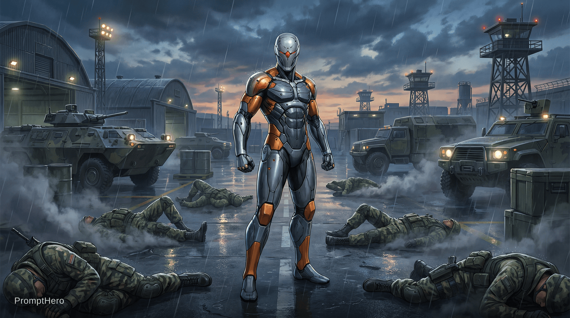 AI generated: Metal gear solid grey fox is standing in the middle of a military base. There are soldiers knocked o...
