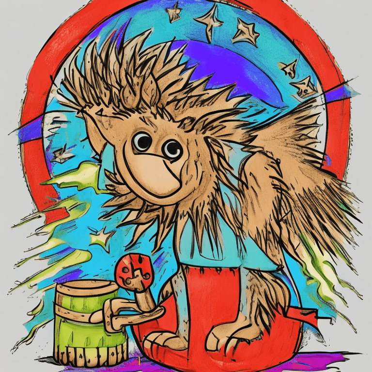 AI generated: A cartoonish and whimsical design,Stupid porcupine with axe and shield,vivid colors, and inked lines