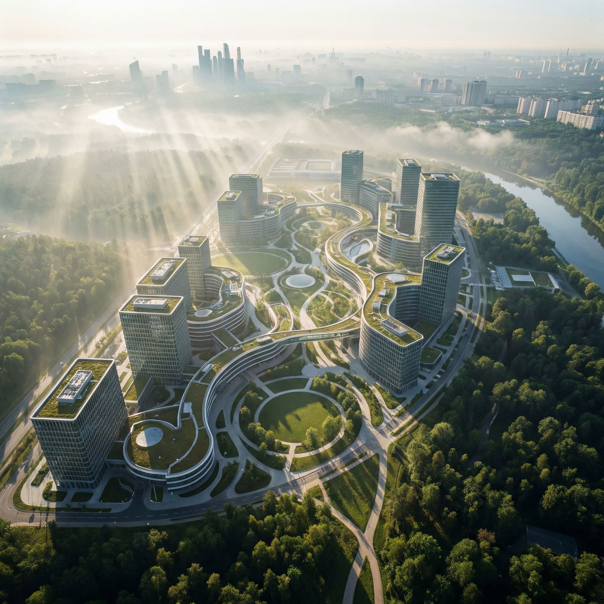 AI generated: Office complex aerial view, morning haze, large-scale planning concept, 6000x4000.