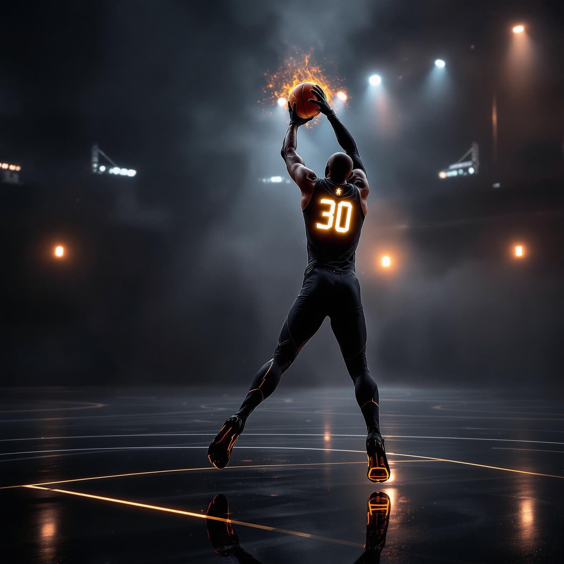 AI generated: A BASKETBALLER IN A BLACK TIGHT SUPERHERO SUIT WITH A GLOWING GOLDEN NUMBER 30 LIKE ON A BASKETBALL ...