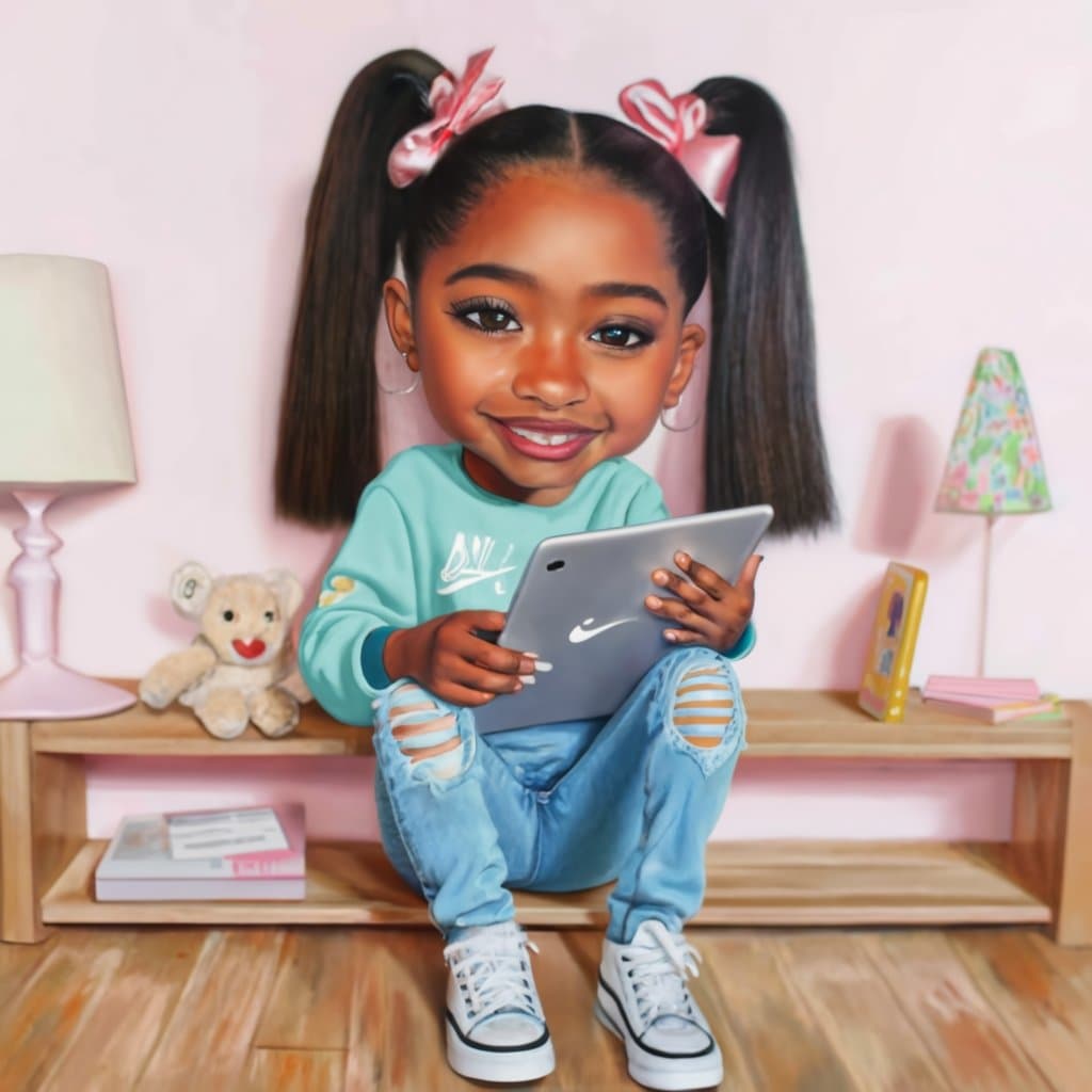 AI generated: create a realistic airbrush of an adorable smiling African American child sitting at a desk with a t...
