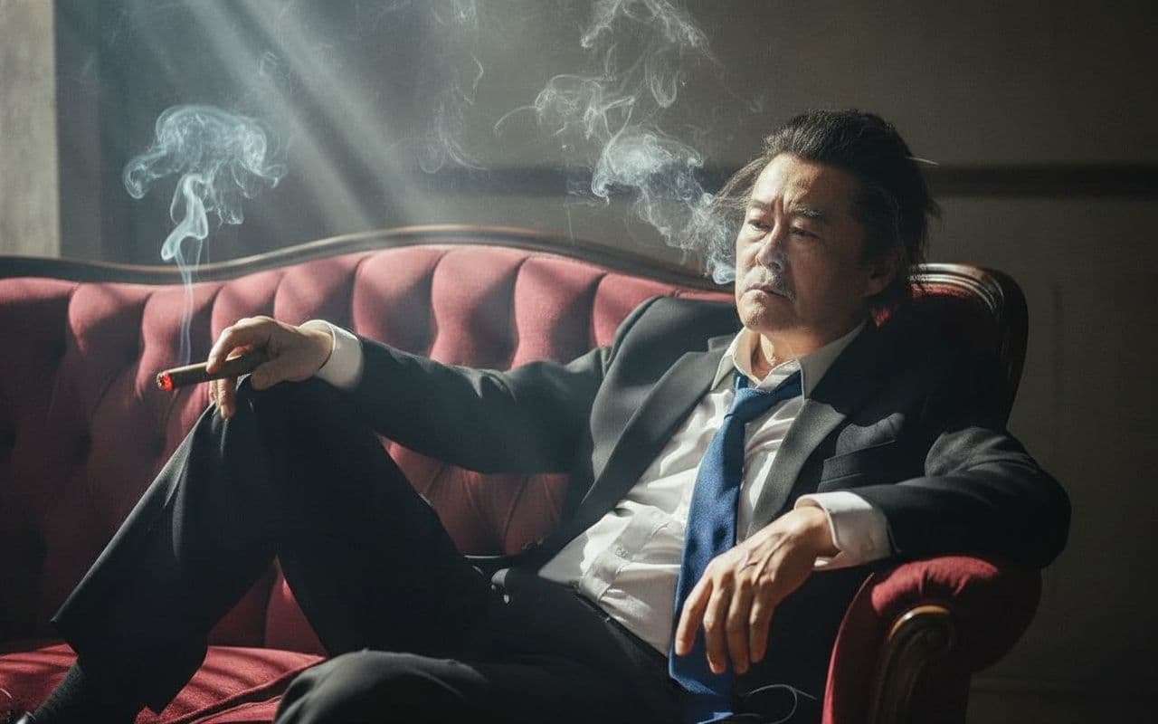 AI generated: The photography, with its dimly lit room and hazy atmosphere, captures the figure of a man lounging ...