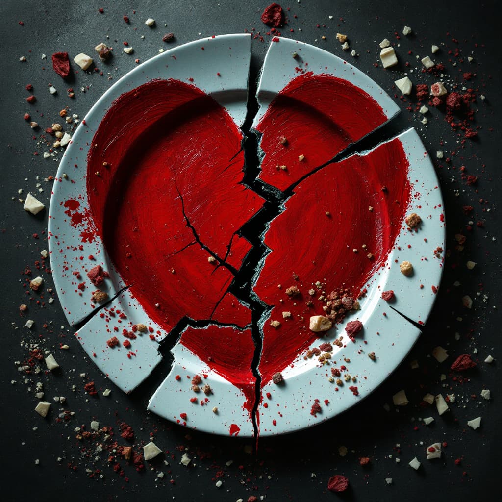 AI generated: a heavily broken plate with missing pieces, th pieces of it scattered on the floor. on the plate is ...