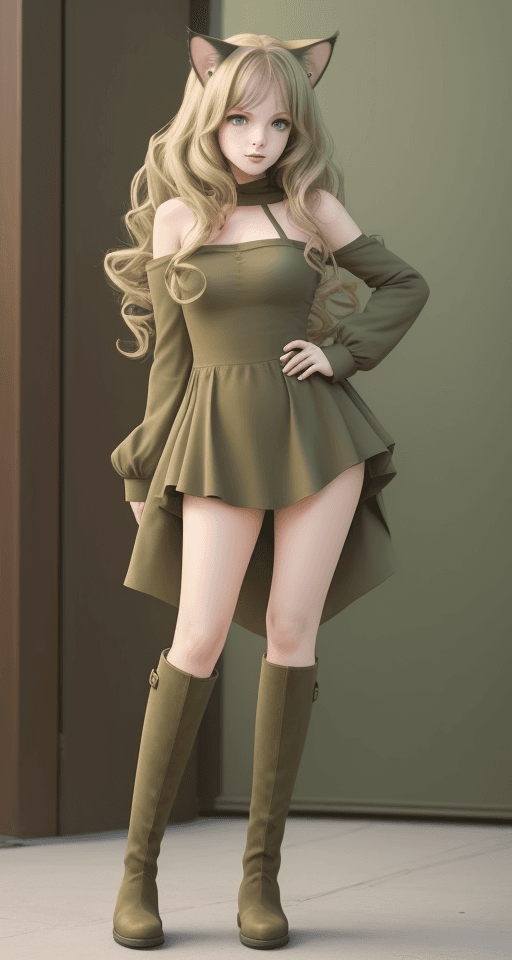 AI generated: Short Young lady, long light beige wavy hair, dark green eyes, cat ears, wide hips, olive  ankle boo...