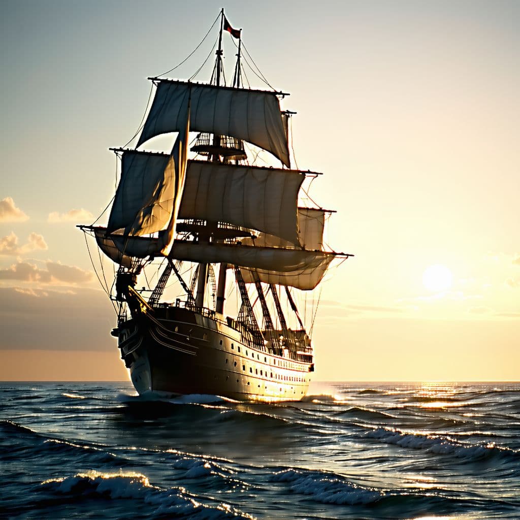AI generated: Photo of a ultra realistic sailing ship, dramatic light, pale sunrise, cinematic lighting, battered,...