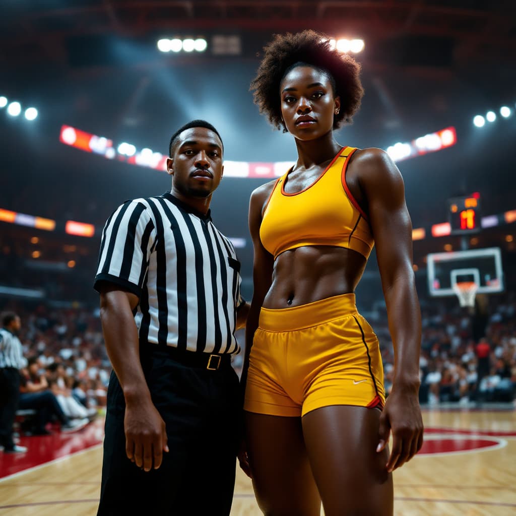 AI generated: full photo of An 8ft tall confident heavily built  black African female basketball player in a sleek...